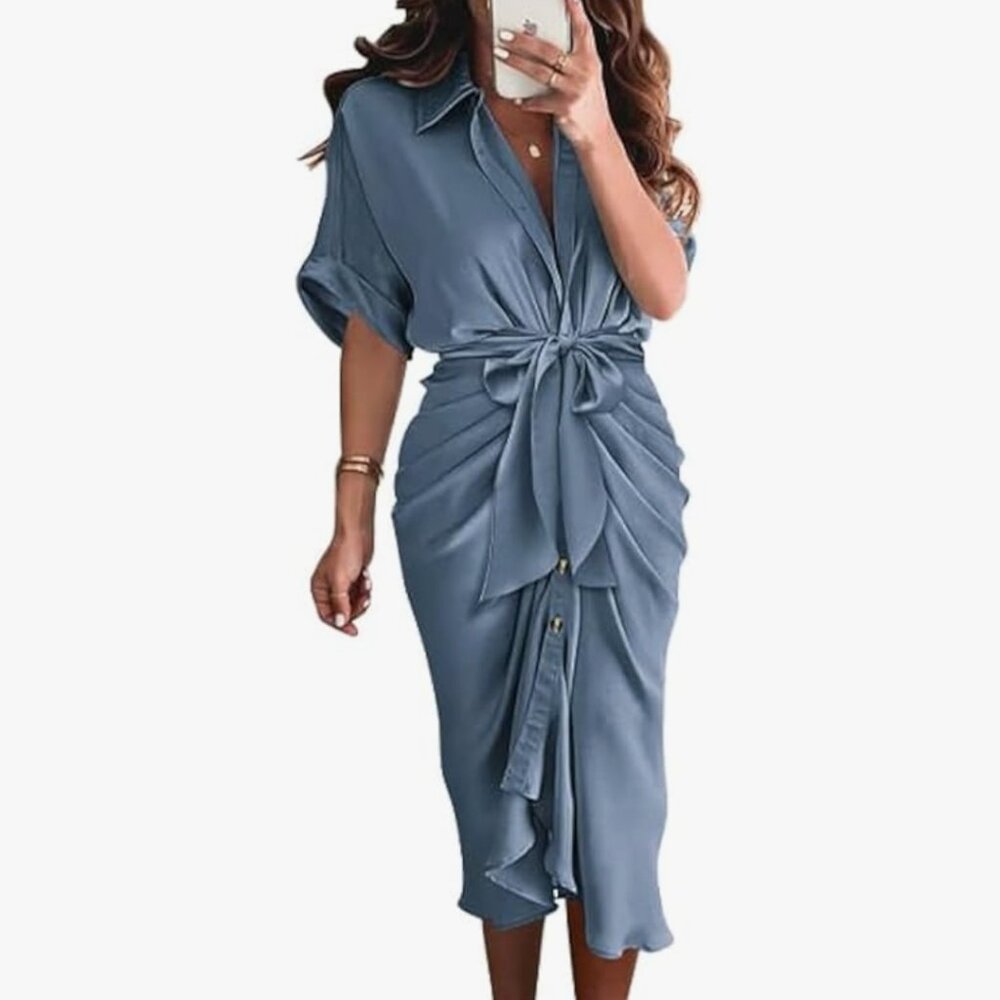 BTFBM Shirt Dresses for Women Button Down Short Sleeve Satin Ruched